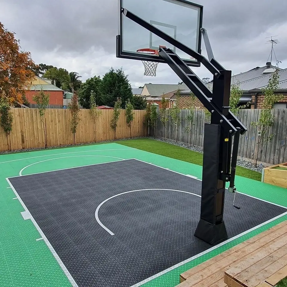 a basketball court with a hoop
